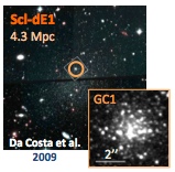 The globular cluster GC1 in the
Sculptor group dwarf elliptical galaxy Scl-dE1 (Da Costa et al.
2009)